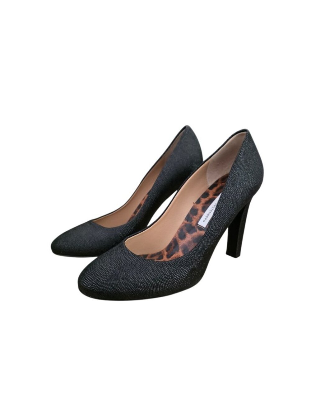Diane Von Furstenberg Round Toe Textured Leather Black Pumps Heels 8